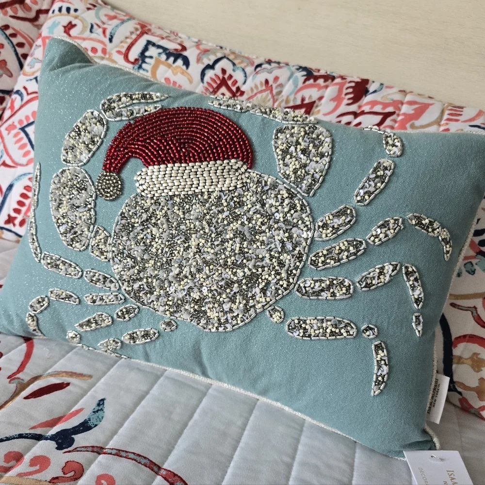 Isaac Mizrahi Holiday Pillow with Silver and Red Crab Design NWT